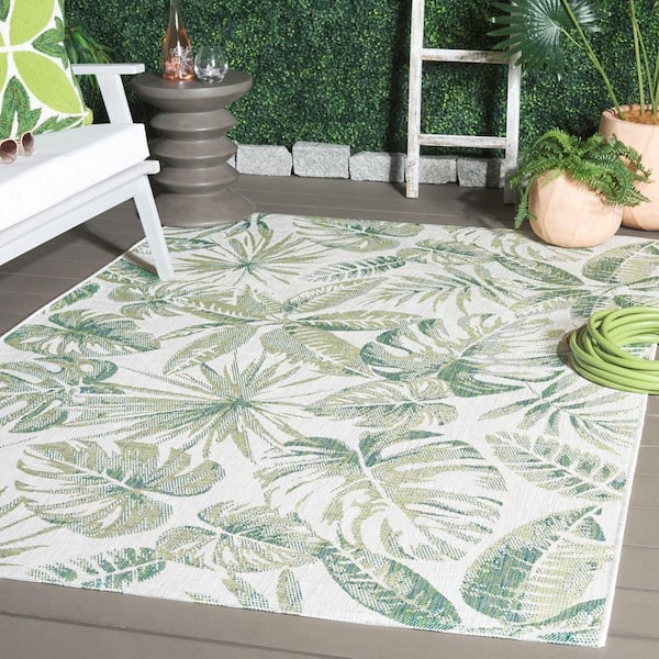 Courtyard Ivory/Green 7 ft. x 7 ft. Oversized Botanical Indoor/Outdoor Square Area Rug