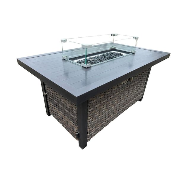 Manbo 51.18 in. x 31.49 in. Rectangle Aluminum Wicker Outdoor Propane Fire Pit Table with Protective Cover