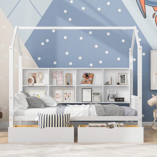 Harper & Bright Designs White Twin Size Wooden House Bed with 2 Drawers and Storage Shelf