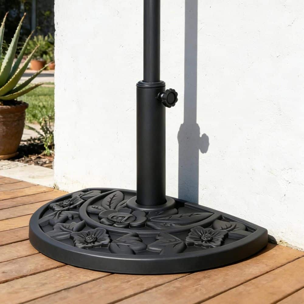 black patio half umbrella Easton 9 ft. Aluminum Market Crank Lift This semicircle stand features a flat edge that allows it to be placed flush against a wall or railing Nature Spring 20 lb. Half