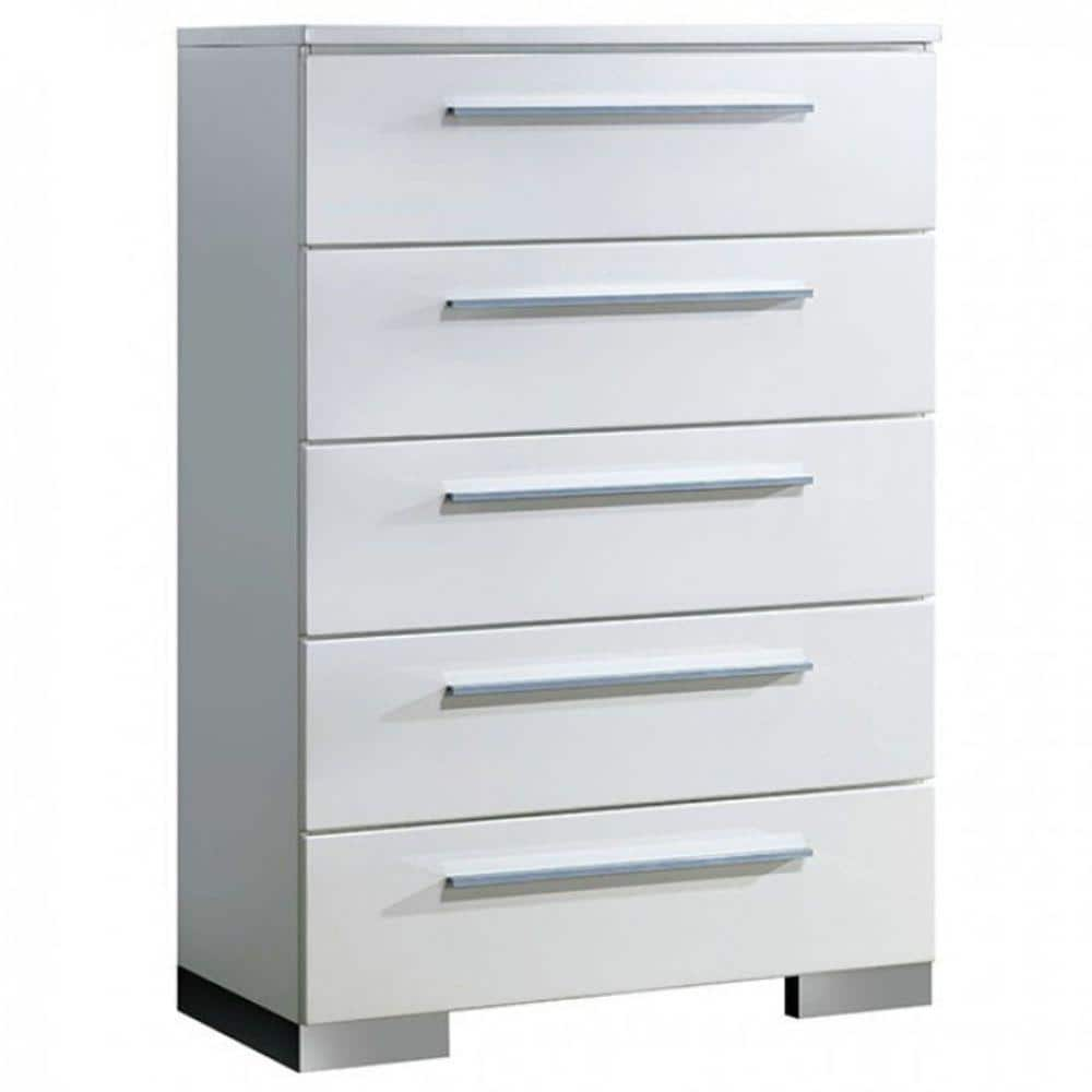 Contemporary Style 5-Drawer White and Silver Wooden Chest with Chrome Handles 17.75 in. L x 35 in. W x 50.87 in. H -  Benjara, BM137890