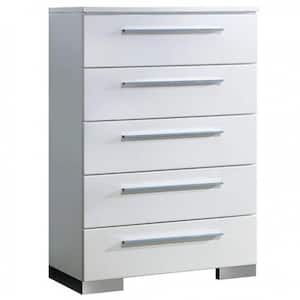 Contemporary Style 5-Drawer White and Silver Wooden Chest with Chrome Handles 17.75 in. L x 35 in. W x 50.87 in. H