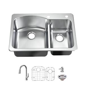 All-in-One Drop-in/Undermount 18G Stainless Steel 33 in. 2-Hole Double Bowl Kitchen Sink with Pull-Down Faucet