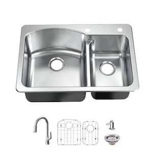 All-in-1-Drop-In/Undermount 18G Stainless Steel 33 in. 2-Hole Double Bowl Kitchen Sink with Pull-Down Faucet