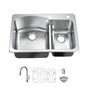 33 in. Drop-In/Undermount 60/40 Double Bowl 18 Gauge Stainless Steel Kitchen Sink with Pull-Down Faucet