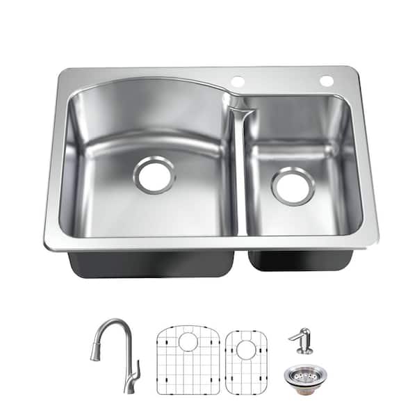 Glacier Bay All-in-One Drop-in/Undermount 18G Stainless Steel 33 in. 2-Hole Double Bowl Kitchen Sink with Pull-Down Faucet