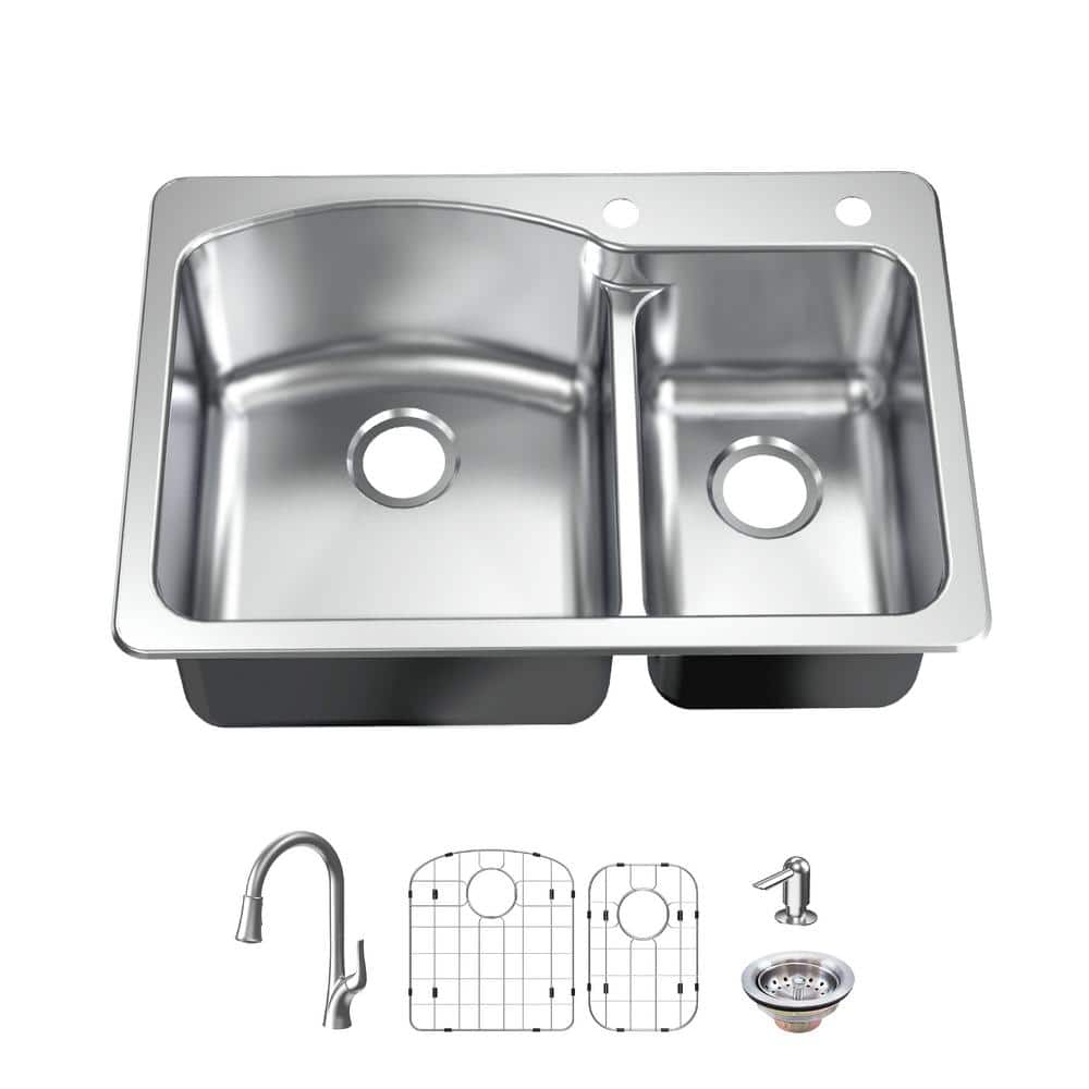 Glacier Bay All-in-One Drop-In/Undermount 18G Stainless Steel 33 in. 2-Hole Double Bowl Kitchen Sink with Pull-Down Faucet, Silver