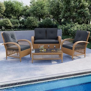 4-Piece Wicker Patio Conversation Set Outdoor Chair Set with Loveseat and Coffee Table, Gray Cushions