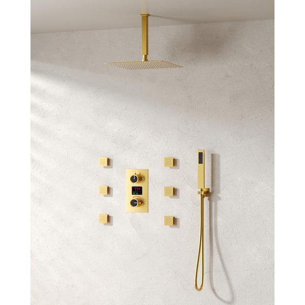 EVERSTEIN LCD Temp&Time Display 3-Spray 12 in. Ceiling Mount Shower System with Shower Head Handheld Set in Brushed Gold
