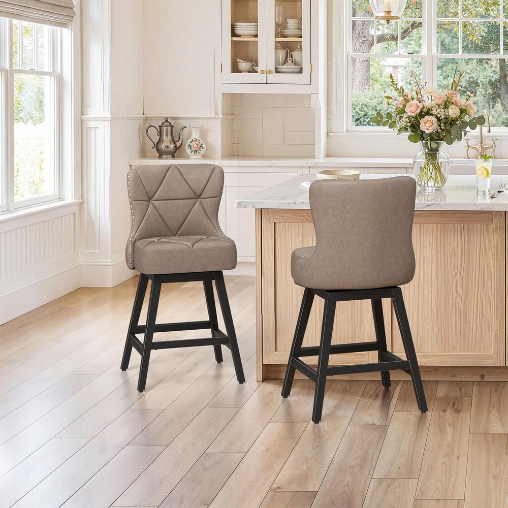26 in. High Back Taupe Faux Leather Swivel Counter Stool Upholstered Bar Stool with Metal Legs (Set of 2) price history on PriceWatchPro