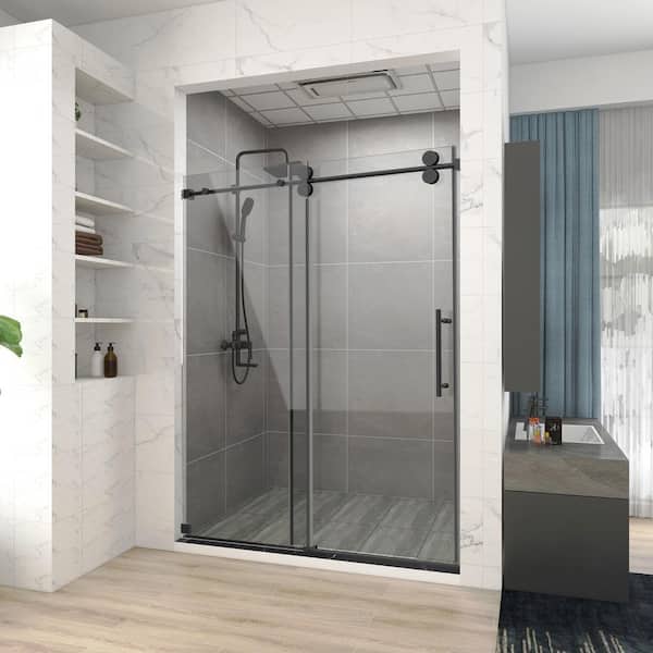 60 in. W x 66 in. H Single Sliding Frameless Corner Shower Enclosure in Matte Black with Clear Glass