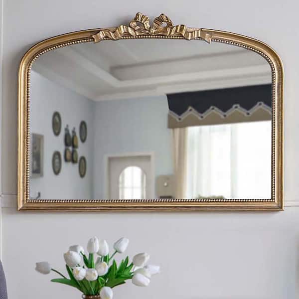 Unbranded Gold 40.2 in. W x 29.9 in. H Baroque Style Arch Mirror Metal Frame Decorative Wall Mirror Hanging, Leaning Against Wall