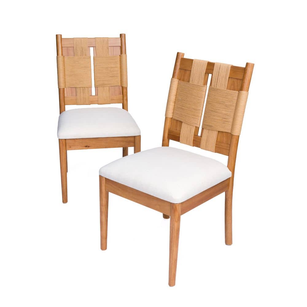 Modern Farmhouse Natural and Beige Linen Upholstered Dining Chair with Paper Rope Backrest, Set of 2