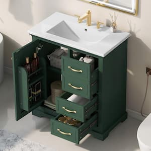 30 in. W x 18.3 in. D x 34 in. H Single Sink Freestanding Bath Vanity in Green with White Ceramic Top and Storage