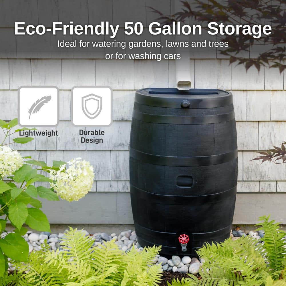 Black 50 Gallon Recycled Plastic Rain Barrel