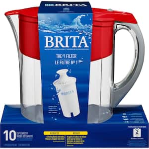 10-Cup Large Water Filter Pitcher in Red, BPA Free