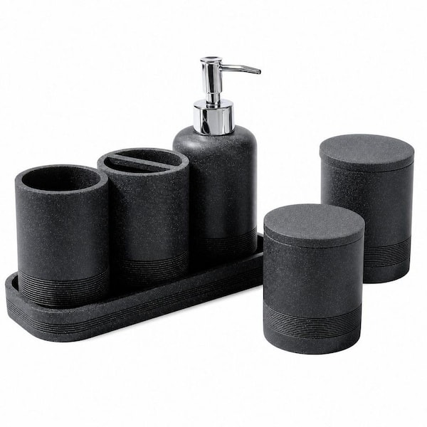 6-Piece Bathroom Accessory Set with Soap Dispenser, Vanity Tray, Tumbler, Cotton Swab Jar for Bathroom Organizer, Black