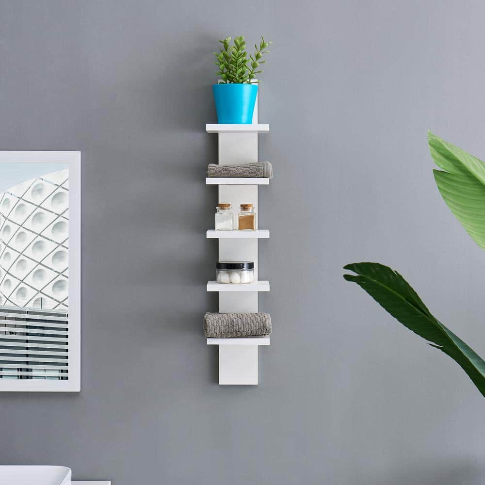 White 5-Tier Floating Wall Shelf for Living Room or Bedroom