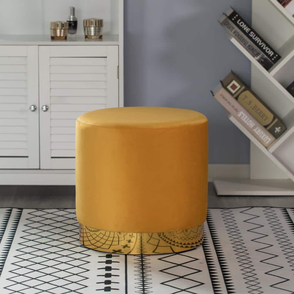 Mustard Velvet Round Ottoman Stool with Gold Metal Base