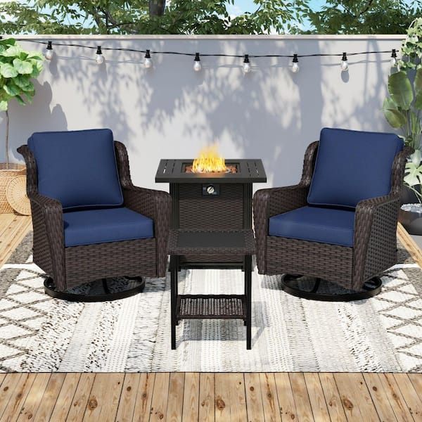 4-Piece Brown Wicker Frame Fire Pit Patio Sets with 2-Chairs Dark Blue Cushions, 1-Fire Pit and 1-Side Table