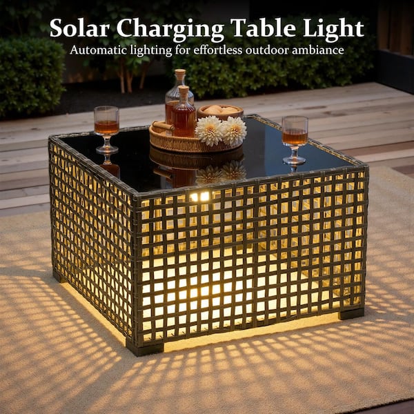 New Vultros Gray 7-Piece Wicker Patio Fire Pit Table Conversation Set with Beige Cushions and Solar LED Coffee Table