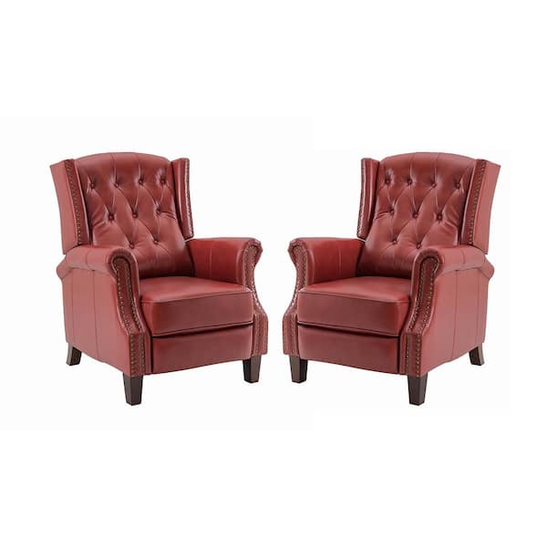 JAYDEN CREATION Cilla Genuine Leather Red Manual Recliner with Wooden Legs (Set of 2)