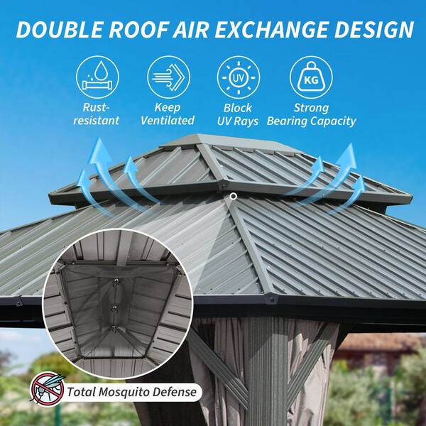 Grey 8 ft. x 10 ft. Metal Hardtop Gazebo with Galvanized Steel