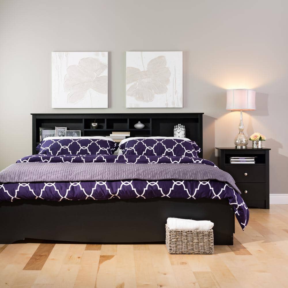 King Black Wood Bookcase Headboard with Storage