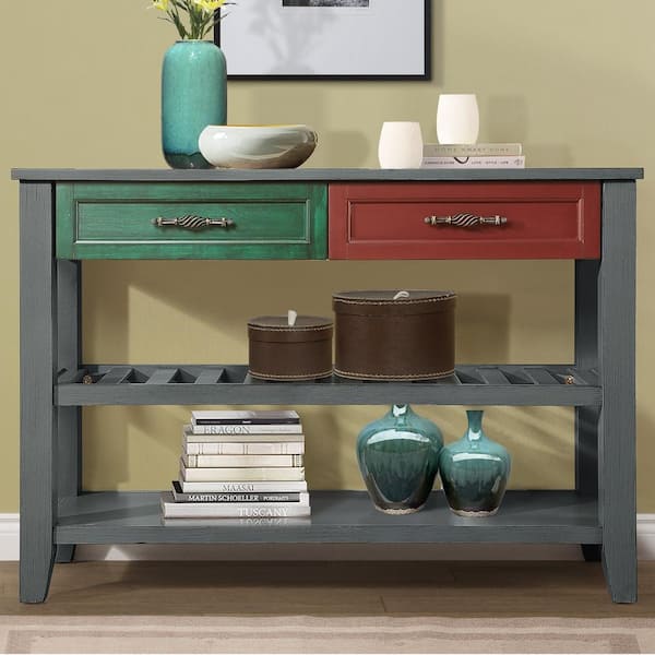 IDEAGLE Retro Design 42 in. Antique Gray Rectangle Solid Wood Console Table Sofa Table with 2 Drawers and 2 Open Shelves