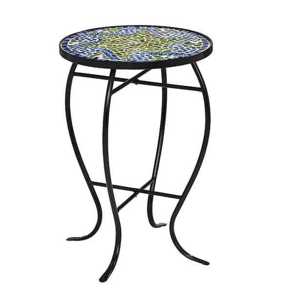 Unbranded Black Round Metal Outdoor Side Table with Green Mosaic Tile Tabletop