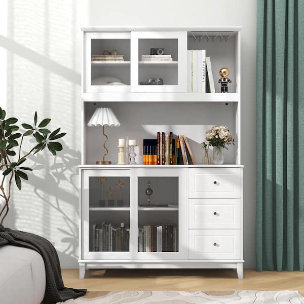 ANGELES HOME 73 in. White Kitchen Pantry Storage Cabinet Kitchen Hutch with LED Lights and Power Outlet