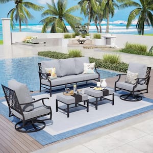 Black 5-Piece Metal Meshed 7-Seat Outdoor Patio Conversation Set with Gray Cushions,2 Swivel Chairs and 2 Ottomans