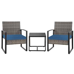 3PCs Wicker Outdoor Bistro Set, Patio Glass Top Side Table & PE Wicker Chairs with Blue Cushion Porch Conversation Set