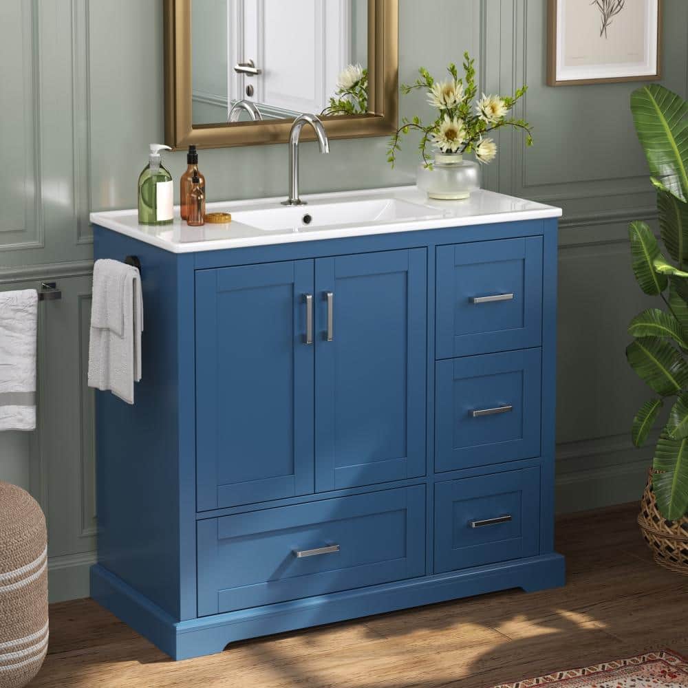 "42"" Navy Blue Freestanding MDF Vanity with Ceramic Sink, 4 Divided Drawers, Soft-Close Doors & Towel Rack" price history on PriceWatchPro