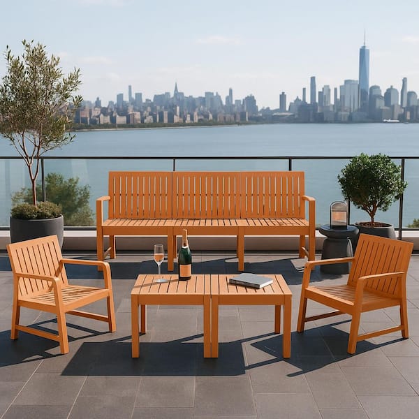 5-Piece Plastic Patio Conversation Seating Set-3-Seater Sofa, 2 Chairs and 2 Coffee Tables Waterproof PP Material