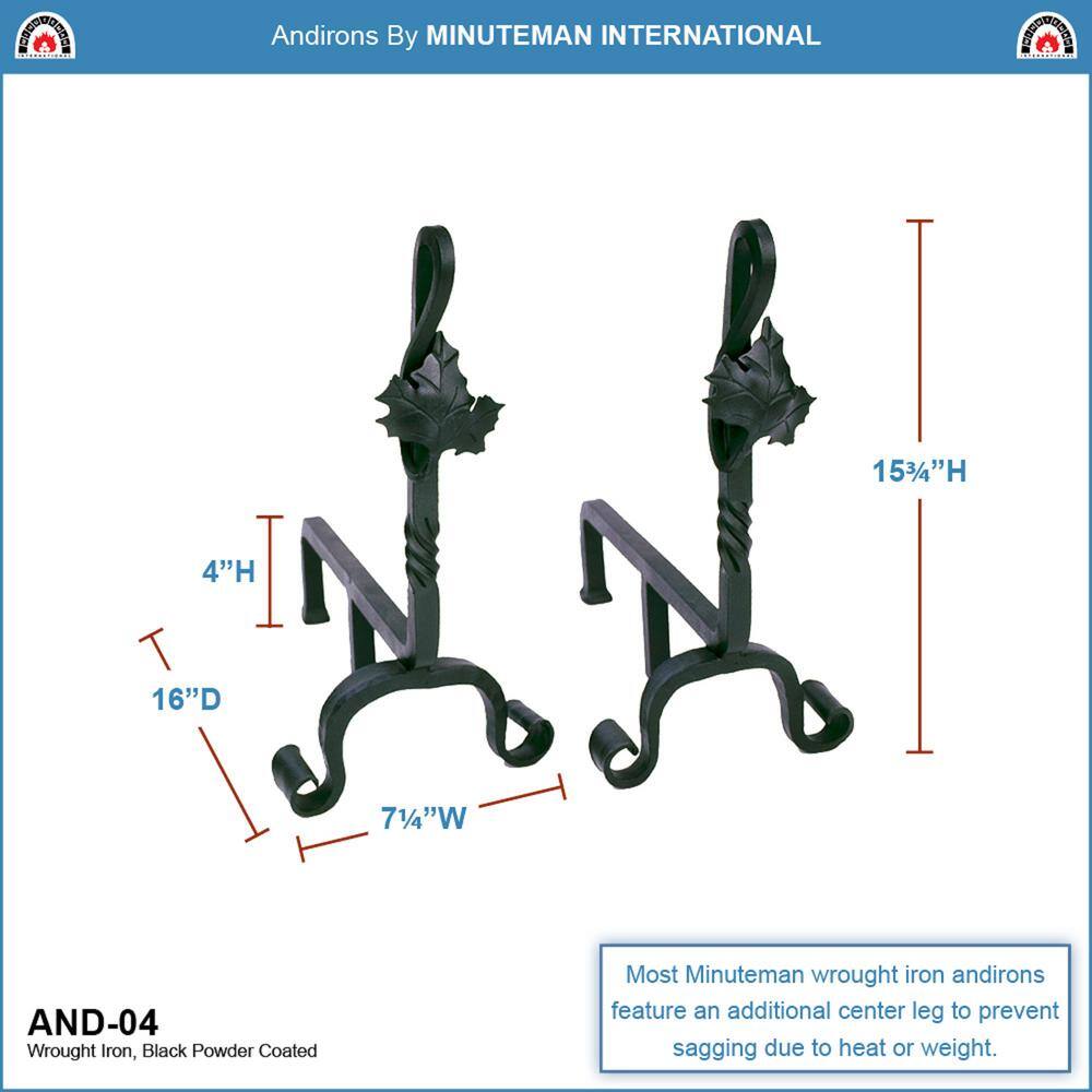 15.25" Black Wrought Iron Maple Leaf Fireplace Andirons