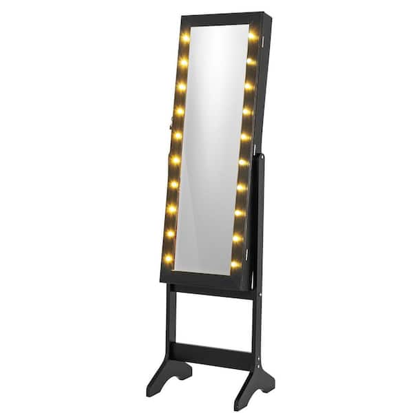 16 in. x 61.5 in. Black Freestanding Lockable MDF Jewelry Armiore with Full-Length Mirror and LED Lights
