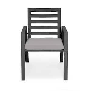 Chelsea Modern Patio Dining Armchair in Black Aluminum with Removable Cushions, Light Grey