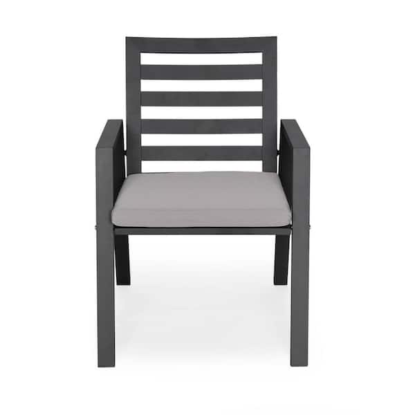 Leisuremod Chelsea Modern Patio Dining Armchair in Black Aluminum with Removable Cushions, Light Grey
