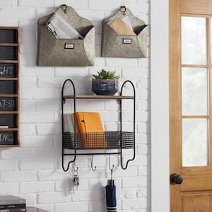 20 in. H x 15 in. W x 6 in. D Black Metal Wall Organizer with Basket and 3 Hooks