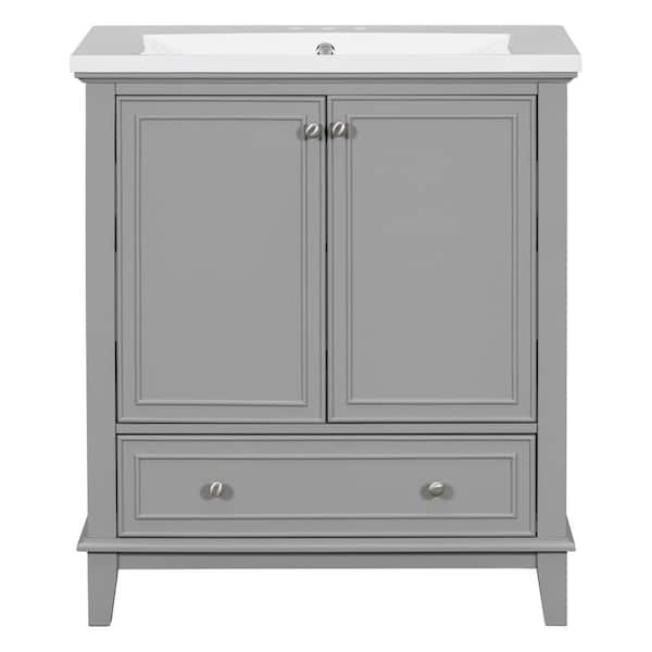 30 in. W Single Sink Freestanding Bath Vanity in Gray with White Ceramic Top, 2 Doors and 1 Drawer