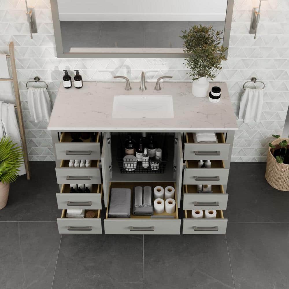 Aberdeen 54" Gray Solid Wood Bathroom Vanity with White Quartz Top