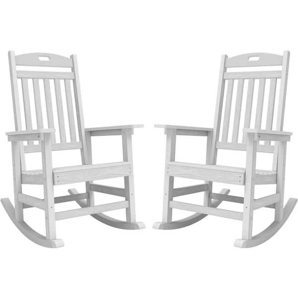 Mximu White Plastic Patio Outdoor Rocking Chair, Fire Pit Adirondack Rocker Chair with High Backrest(2-Pack)