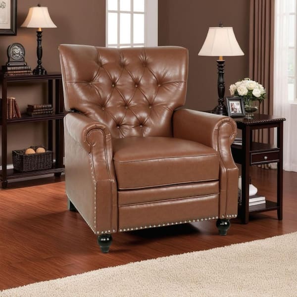 Benjara Recliner Light Brown and Black Faux Leather Glider Recliner Chair with Tufted Cushioned