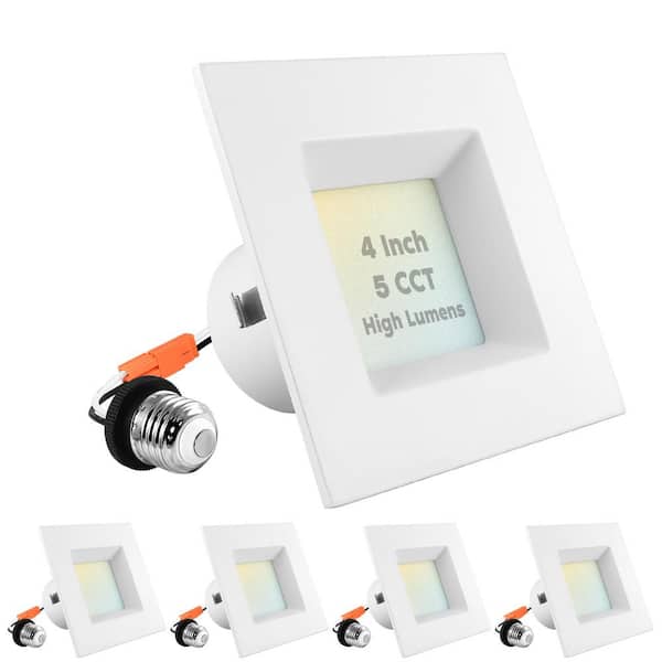 LUXRITE 4 in. 14W=75W Square LED Can Lights 5-Color Selectable Remodel Integrated LED Recessed Light Kit Dimmable (4-Pack)