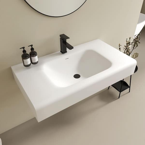 39 x 22 in. Solid Surface Wall Mount or Countertop Bathroom Vessel Sink with Faucet Holes in Matte White
