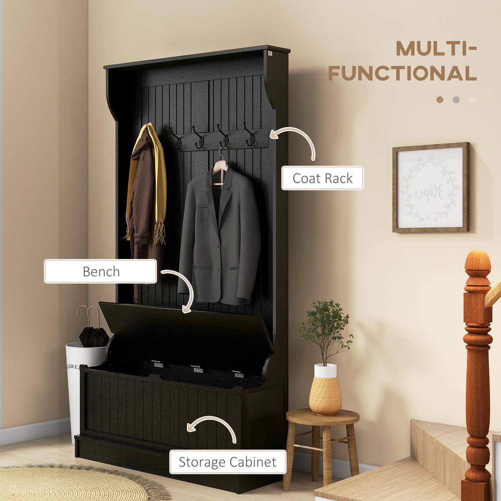 Black Steel Hall Tree with Storage Bench and Coat Rack