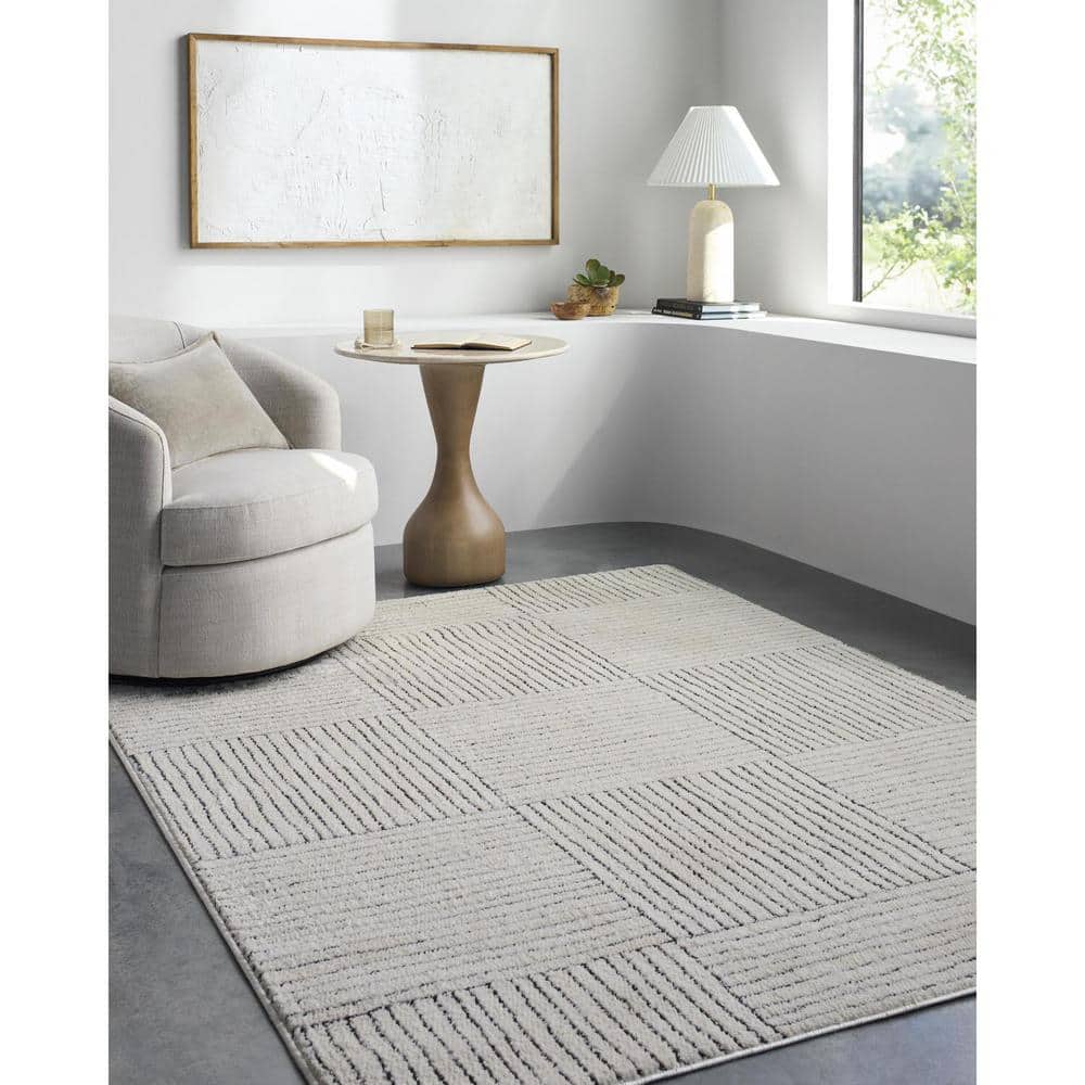Ivory and Black Rectangular Synthetic Area Rug, 8' x 10'