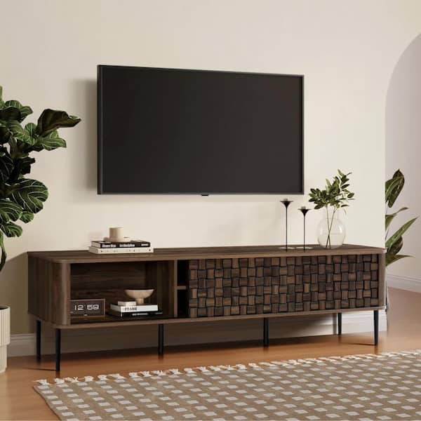 LuxenHome Mid-Century Walnut Finish MDF 2-Door 1-Drawer TV Console