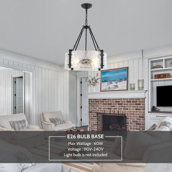 ADSENSTY 4-Light Dimmable Black Drum Chandelier With Ripple